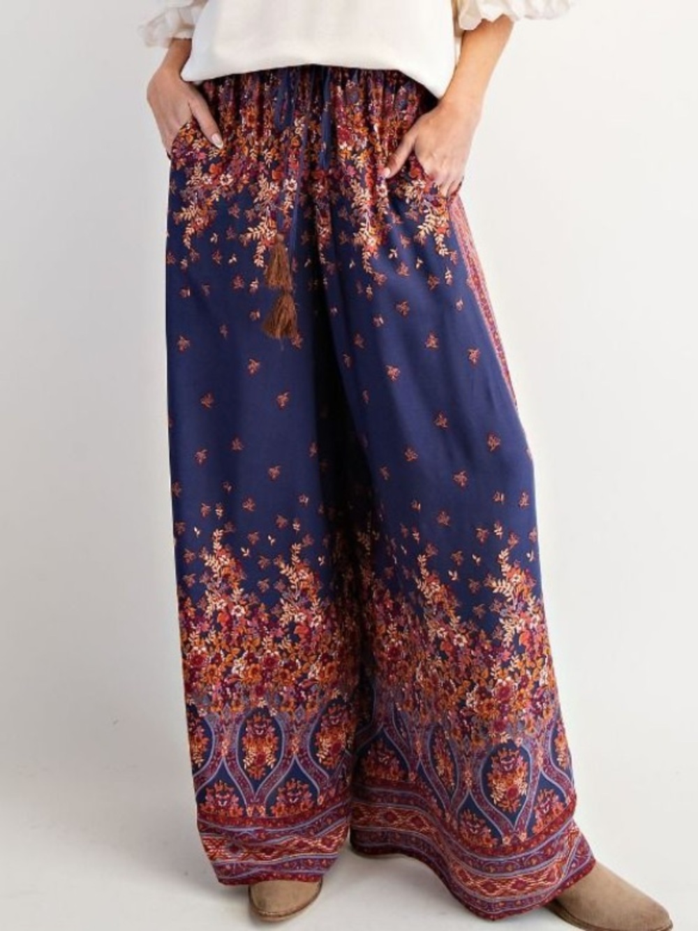 Easel Border Print Rayon Palazzo Pant in Fall Blueberry Floral